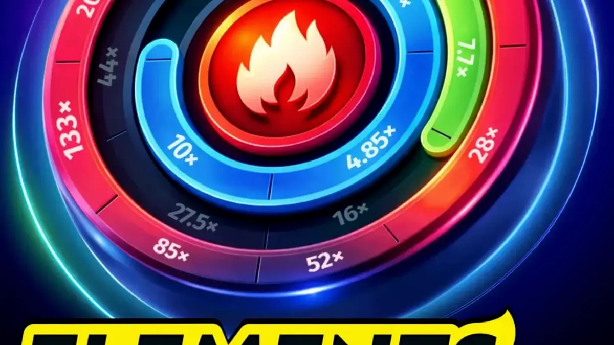 Tampilan antarmuka permainan slot Elements of Power dengan elemen api, air, dan bumi.