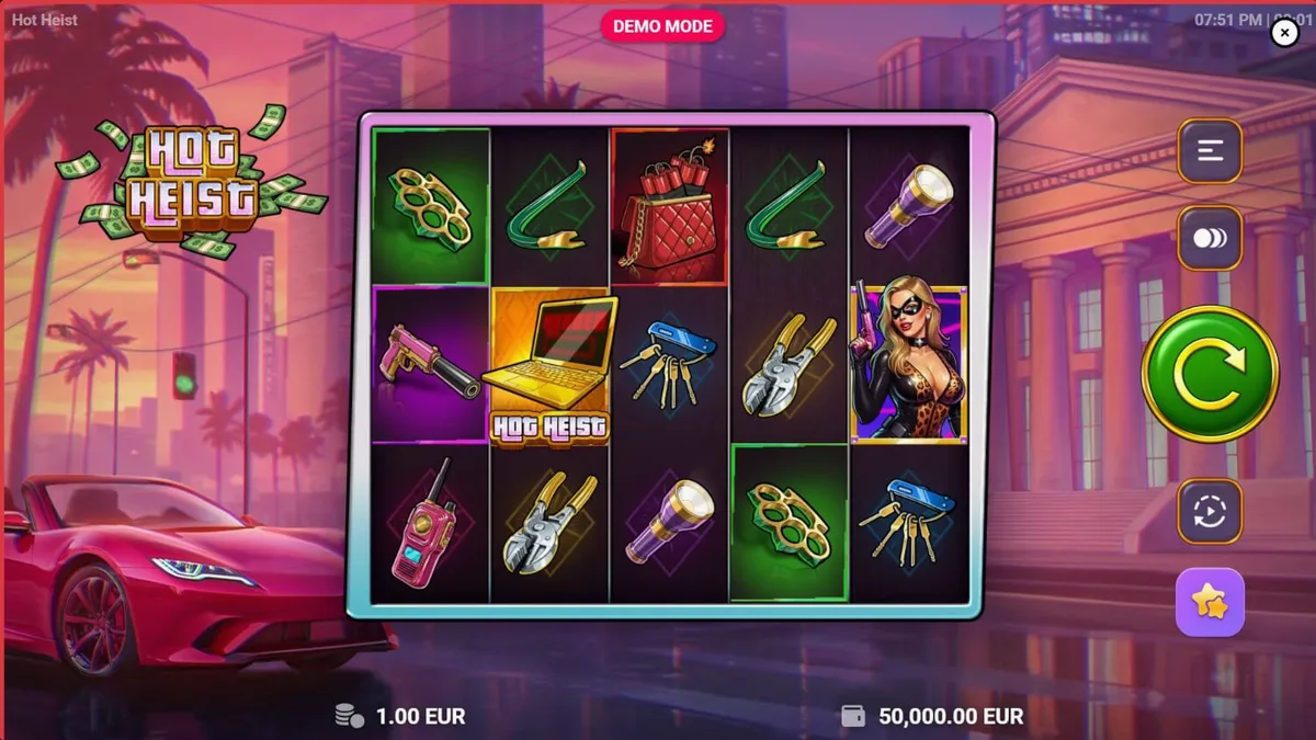 Tampilan visual neon dan simbol kriminal pada slot Hot Heist