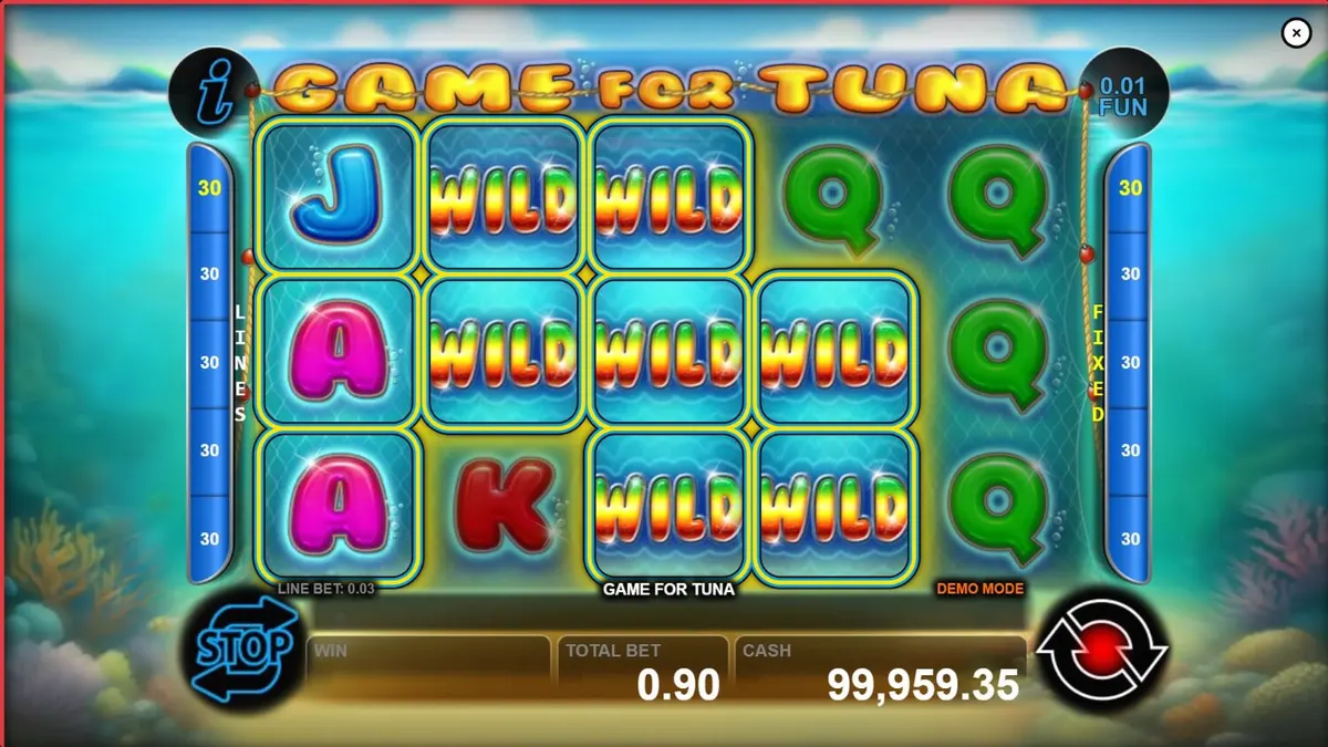 Visual bawah laut Game For Tuna dengan simbol ikan dan nelayan