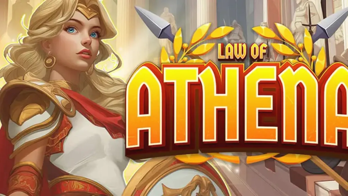 Tampilan visual slot Law of Athena dengan latar belakang kuil Yunani kuno dan simbol-simbol mitologi.