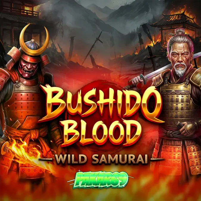 Tampilan visual slot Bushido Blood dengan latar belakang pemandangan Jepang dan grid kayu.